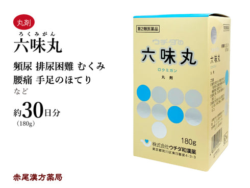 六味丸 ろくみがん 180g 頻尿 手足のほてり 尿量減少 排尿困難 頻尿 むくみ かゆみ 腰痛 不妊症 ウチダ和漢薬 丸剤 第2類医薬品